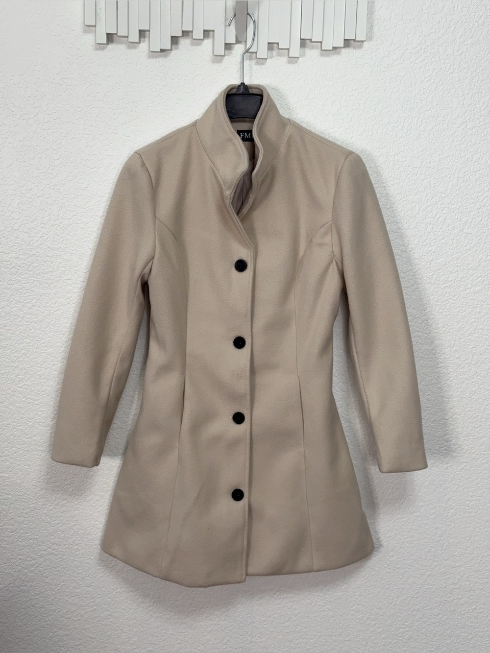FME Mushroom Off White Longline Coat Stand Collar Button Front Minimalist Jacket